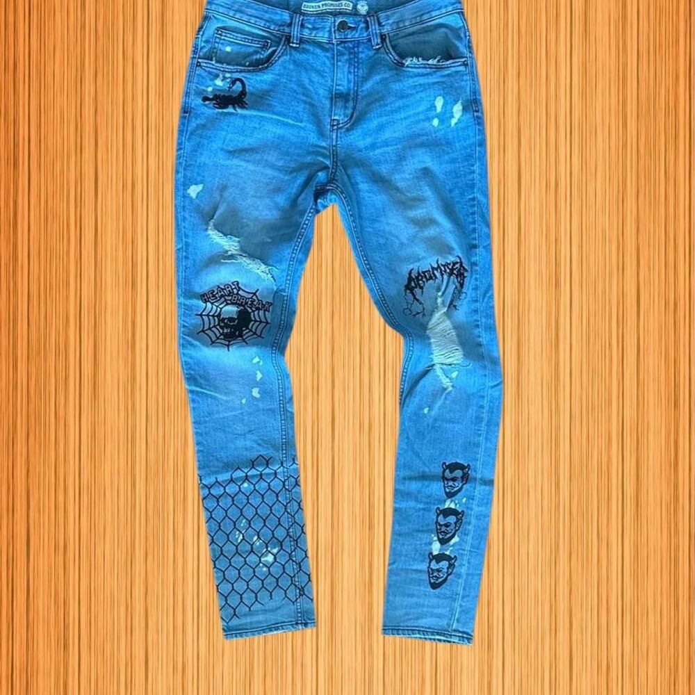 Broken Promises Distressed Jeans Barbwire Devil Skull screen printed